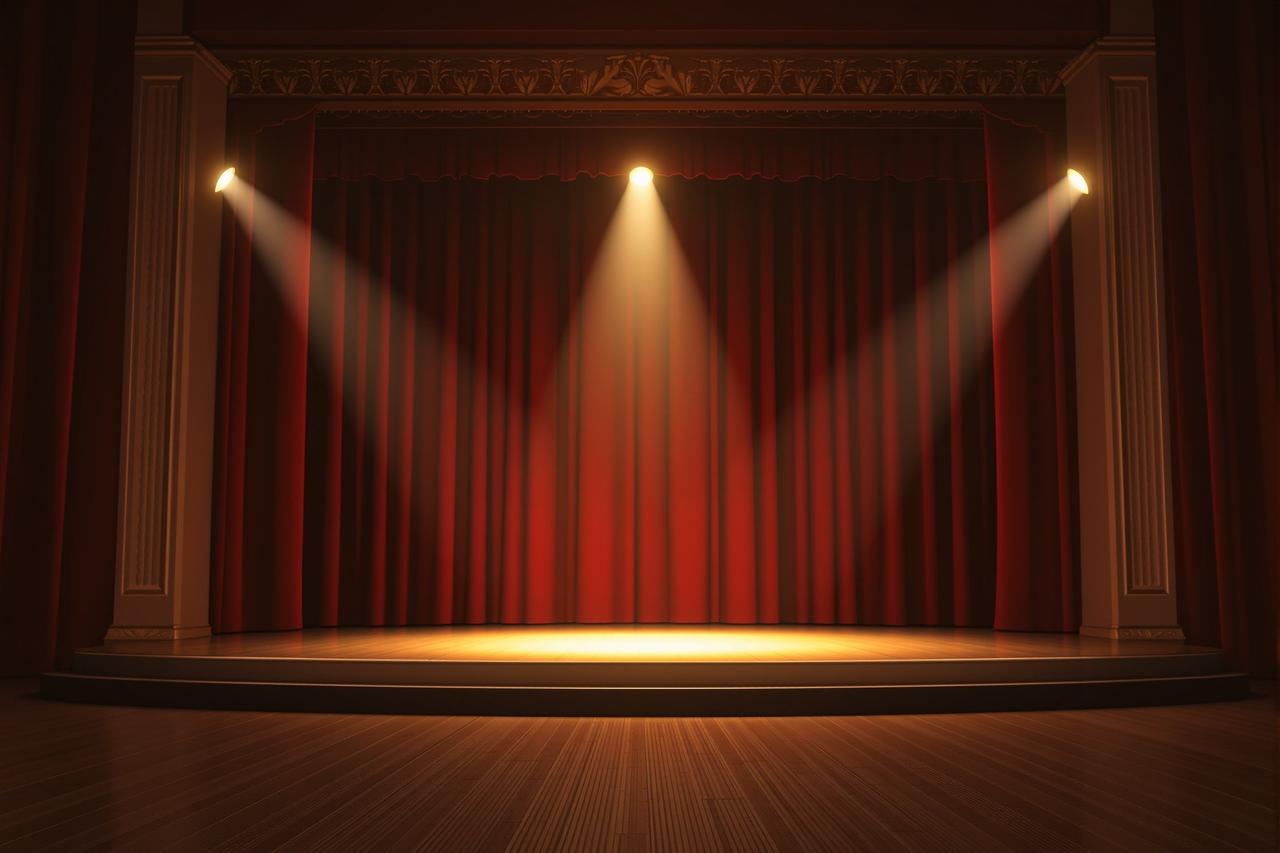 空荡的剧院舞台上聚光灯照亮一束鲜花，象征演员告别演艺圈
